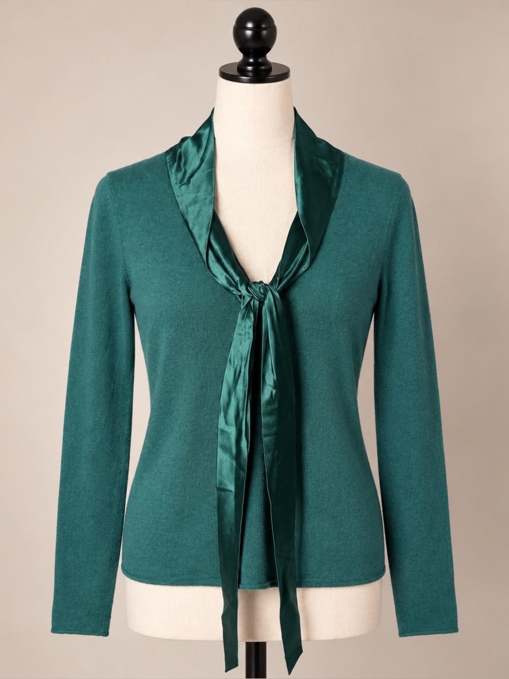 Theory 100% Cashmere Emerald Green Satin Tie Neck Sweater Small